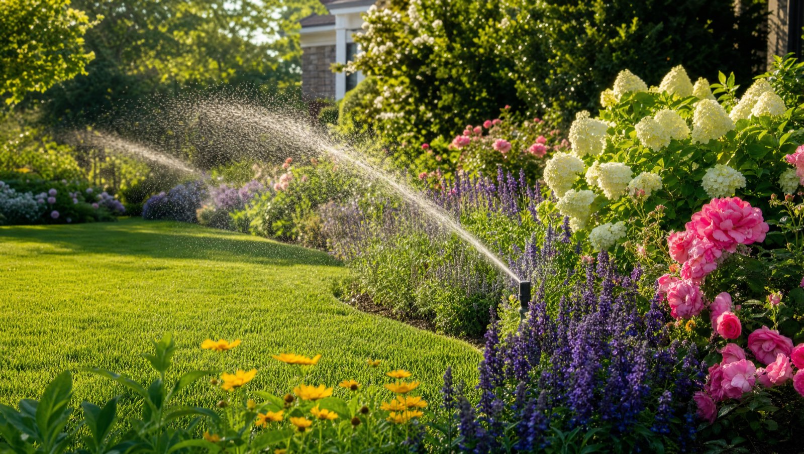 Sprinkler watering flower beds of roses, hydrangeas and salvia beside a green lawn