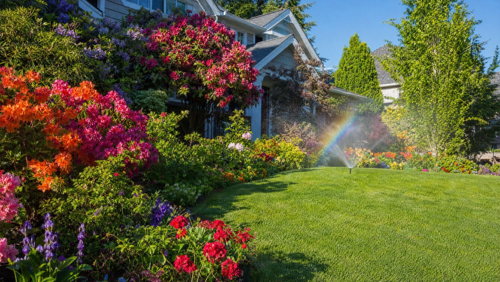 Colorful front garden in full bloom with a rainbow in the sprinkler mist