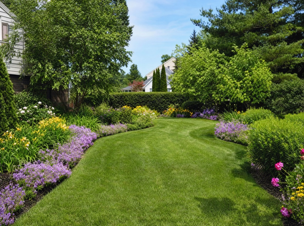 Manicured lawn and planting beds maintained by an irrigation system