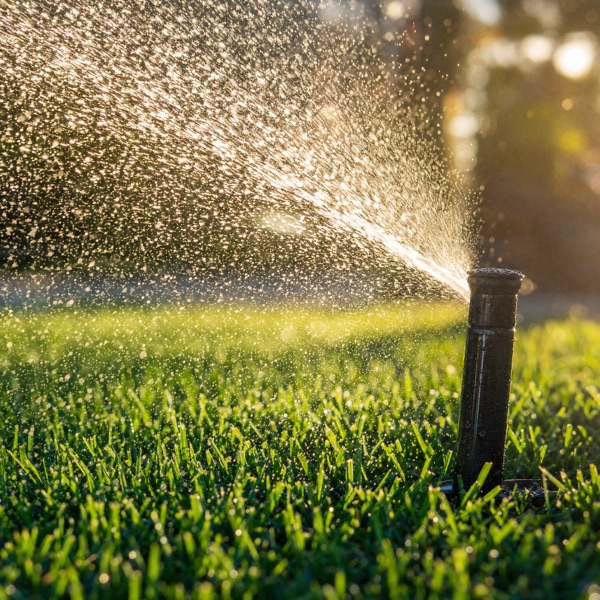 Pop-up sprinkler head watering a green lawn