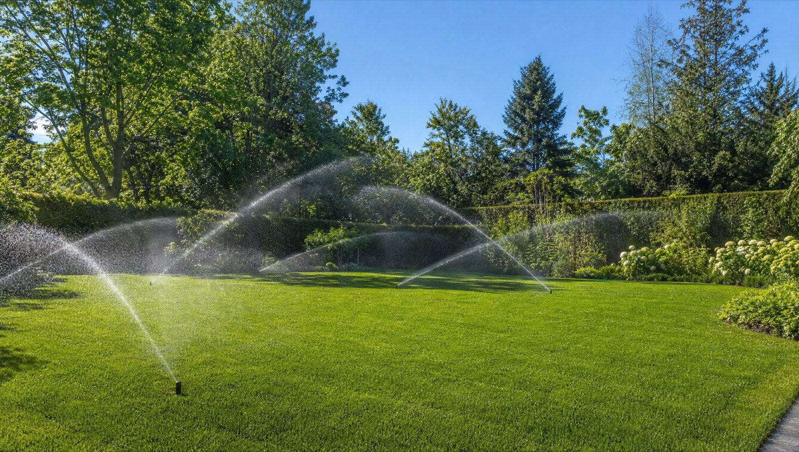Several sprinkler zones running across a large backyard lawn