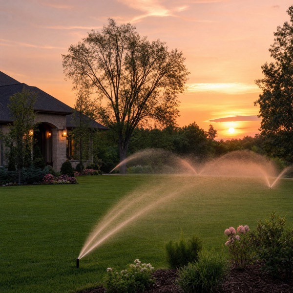 Residential lawn irrigated at sunset