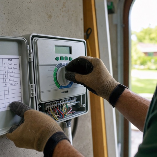 Technician adjusting a six-zone irrigation controller